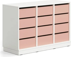 Úložná skrinka CASPER, 12 zásuviek, so soklom, biela/tmavoružová