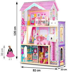 Ricokids Drevený domček pre bábiky veľký 3-poschodový s výťahom a LED osvetlením
