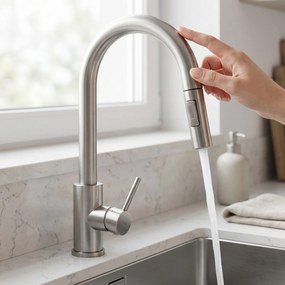 Rea Fresh Touch, vysoká kuchynská batéria s výsuvnou 2-funkčnou spŕškou, brúsená oceľ, REA-B6735