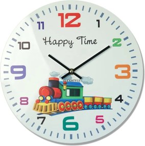 HAPPY TIME nástenné hodiny pre deti v bielej farbe s vláčikom