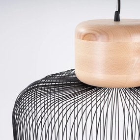 Závesné svietidlo Gabbia, 1x čierne drôtené tienidlo, drevo, (fi 55cm)