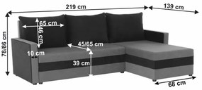 Čalúnená univerzálna rozkladacia rohová sedacia súprava do tvaru L BRISTOL sivá/čierna