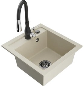 Mexen Vito, 1-komorový granitový drez 520x490x210 mm a drezová batéria Savita, béžová, 6503-69-672601-70