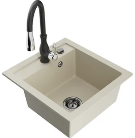 Mexen Vito, 1-komorový granitový drez 520x490x210 mm a drezová batéria Savita, béžová, 6503-69-672601-70