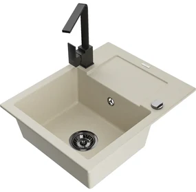 Mexen Enzo, granitový drez 576x465x174 mm, 1-komorový a čierna batéria Rita, béžová, 6506-69-670300-70