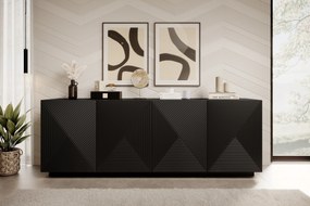 Komoda Asha 200 cm s drážkovaným čelom - matná čierna