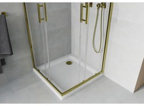 Mexen Rio, štvorcový sprchovací kút s posuvnými dverami 90(dvere) x 90(dvere) x 190 cm, 6mm číre sklo, zlatý profil + biela sprchová vanička SLIM, 860-090-090-50-00-4010G