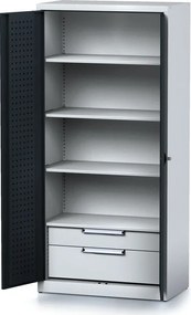 Policová dielenská skriňa 2-dverová MECHANIC, 3 police, 2 zásuvky, 920 x 500 x 1950 mm, grafitové dvere