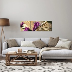 Obraz knihy a fialovej kvetiny (s hodinami) (90x30 cm)
