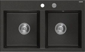 Mexen Hektor, 2-komorový granitový drez 800x480x205 mm, čierna-zlatá metalíza, chrómový sifón, 6521802000-75