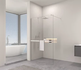 Erga Paris, sprchová zástena Walk-In 50x200 cm s poličkou a vešiakom na uteráky, 8mm číre sklo, chrómový profil, ERG-V02-PARIS-050x200-CL-CR-BAR