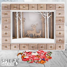 Spielwerk Drevený adventný kalendár ZIMNÝ LES s osvetlením, 35x6x27cm, biela/hnedá