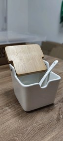 VILDE 2. akosť - Hranatá keramická cukornička /soľnička s bambusovým viečkom a lyžičkou, 250ml VILDE, biela