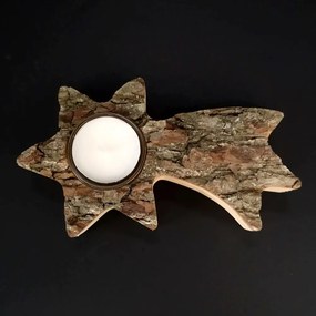 AMADEA Drevený svietnik s kôrou v tvare kométy, masívne drevo, 18x10x3 cm