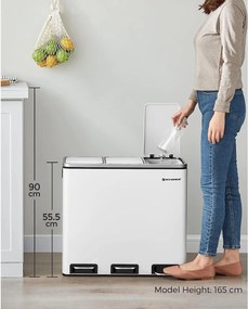 Kuchynský odpadkový kôš, 3 x 18 L, pedálový s 3 priehradkami, biely