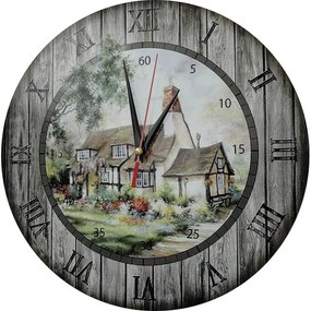 Nástenné hodiny z dreva - Chalúpka, kruh Fi: 30cm HORNET