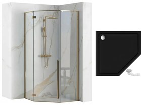 Rea Diamond, sprchovací kút 90x90x195 cm, 6mm číre sklo, zlatý profil + biela sprchová vanička, KPL-04904