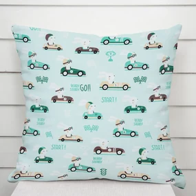 Biante Detská bavlnená obliečka na vankúš Sandra SA-375 Zajačie automobilové preteky na mintovom 40 x 40 cm