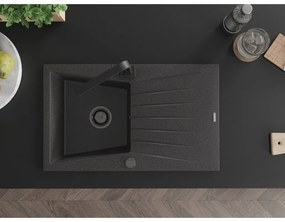 Mexen Cesar, granitový drez 775x470x190 mm, 1-komorový, čierna škvrnitá s čiernym sifónom a čierna drezová batéria Rita, 6514-76-670300-70-B