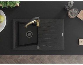 Mexen Cesar, 1-komorový granitový drez 775x470x190 mm a drezová batéria Aster, čierna-strieborná metalíza, 6514-73-73450-57-B