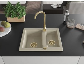 Mexen Carlos, granitový drez 582x475x177 mm, 1,5-komorový, béžová so zlatým sifónom, 6518581500-69-G