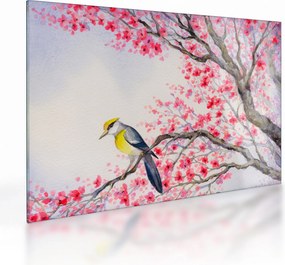 Sklenený obraz - Vtáčik na strome s červenými kvetmi (70x50 cm)