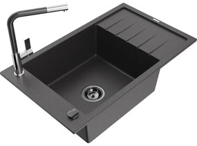 Mexen Elias, 1-komorový granitový drez 795x480x200 mm a drezová batéria Flora, čierna škvrnitá, 6511-76-670401-08-B