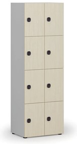 Drevená šatníková skrinka s úložnými boxmi, 8 boxov, kódový zámok, sivá/breza