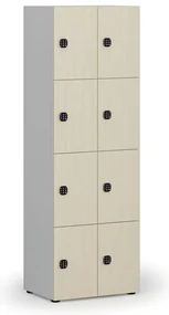 Drevená šatníková skrinka s úložnými boxmi, 8 boxov, kódový zámok, sivá/breza