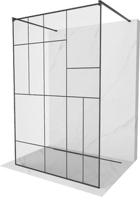 Mexen Kioto, priechodná sprchová zástena 130 x 200 cm, 8mm sklo číre/čierny vzor, 2x čierna stabilizačná rozpera, 800-130-002-70-78