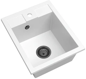 Sink Quality Ferrum 40, kuchynský granitový drez 400x500x195 mm + čierny sifón, biela, SKQ-FER.W.1K40.XB