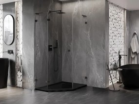 Mexen Lunar, L päťuholníkový sprchový kút naklápací doľava 80 x 100 cm, 8mm číre sklo, čierny profil, 831L-080L-100P-70-00-L