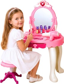 LEAN Toys Detský toaletný stolík so stoličkou, svetielkom, sušičom vlasov, príslušenstvom a zvukmi – ružový