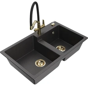Mexen Tomas, 2-komorový granitový drez 800x500x190 mm a kuchynská batéria Duo, čierna škvrnitá, 6516-76-671701-57-G