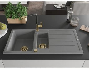 Mexen Andres, 1,5-komorový granitový drez 1000x500x200 mm a drezová batéria Flora, šedá, 6515-71-670401-57-G