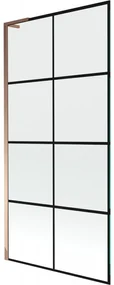 Mexen Next L, 1-krídlová vaňová zástena 90 x 150 cm, 6mm číre sklo-čierny vzor, ružové zlato profil, 895-090-000-03-77-60