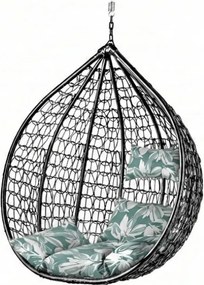 Čierne závesné kreslo KOKON bez stojana, zeleno-biely vankúš
