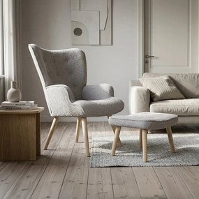 Relaxačné kreslo ušiak ROMEO II + taburet — masívne drevo, látka  bouclé, prírodná / sivá