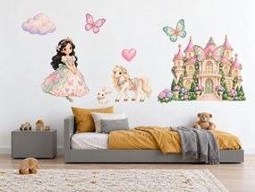 Motýlia princezná a zámok pastelové rozprávkové nálepky na stenu pre malé princezné arch 46 x 34 cm