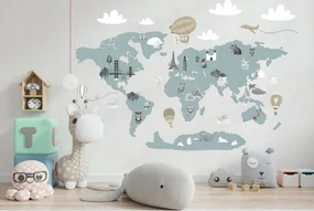 Moderná detská nálepka na stenu v jemnej pastelovej farbe mapa sveta 80 x 160 cm
