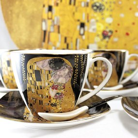 HOME ELEMENTS Súprava 6 kusov - šálky 250 ml s podšálkami a lyžičkami, Klimt Bozk tmavý