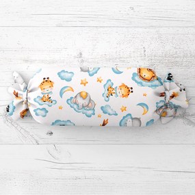 Biante Detský vankúš valec bonbon Sandra SA-693 Africké zvieratká na modrých obláčikoch na bielom 15x40 cm