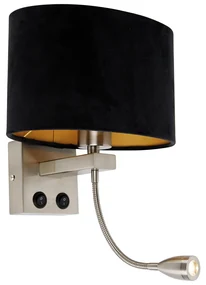 Nástenná lampa oceľ s oválnym zamatovým tienidlom čiernym 25 cm - Brescia Combi