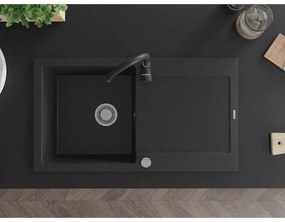 Mexen Leo, 1-komorový granitový drez s odkvapkávačom 90x50 cm a kuchynskou batériou Telma, čierna-strieborná metalik, 6501-73-670200-70