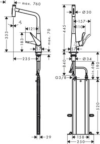 Hansgrohe M71, drezová batéria M7117-H320 s výsuvnou spŕškou, sBOX, vzhľad nehrdzavejúcej ocele 73816800