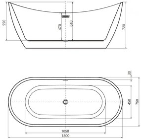 Mexen Lotos, voľne stojaca vaňa 180 x 75 cm, biela, medený matný prepad, 52051807700-65