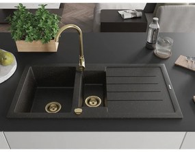 Mexen Andres, granitový drez 1000x500x200 mm, 1,5-komorový, čierna so zlatou metalízou a zlatým sifónom, 6515101510-75-G