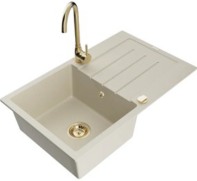 Mexen Bruno, 1-komorový granitový drez s odkvapkávačom 795x495x200 mm a zlatá kuchynská batéria Telma, béžová, 6513-69-670200-50