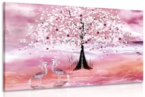Obraz volavky pod magickým stromom v ružovom prevedení - 60x40