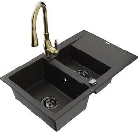 Mexen Gaspar, 1,5-komorový granitový drez 737x475x177 mm a drezová batéria Savita, čierna-zlatá metalíza, 6507-75-672601-50-B